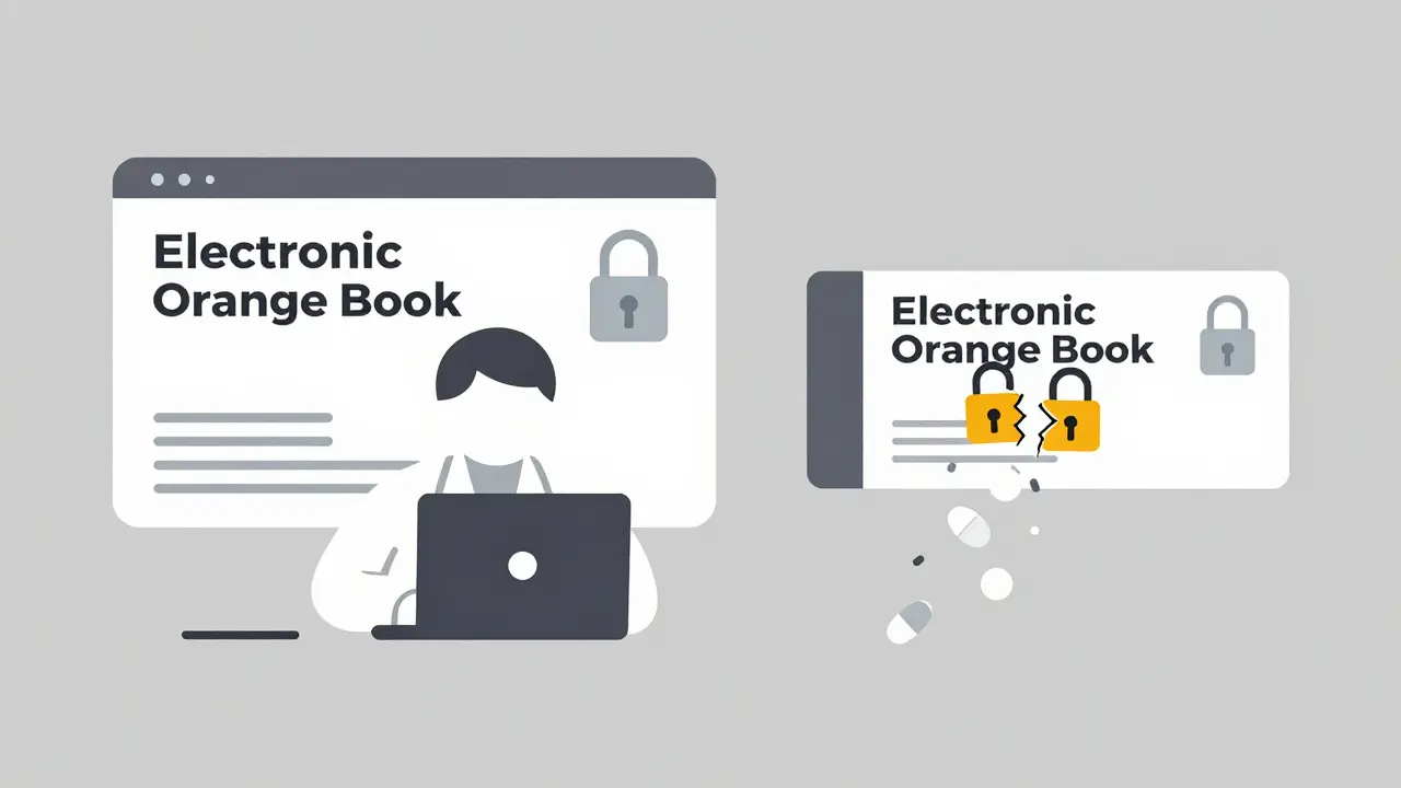 Pharmacist viewing drug patents on a laptop, with brand and generic drug comparison.