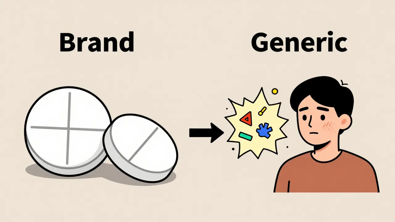 Two identical pills side by side, one simple, the other filled with allergen symbols causing a reaction.
