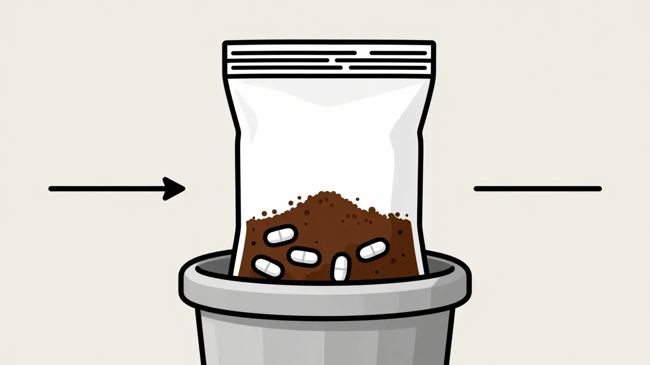 A sealed bag of medication mixed with coffee grounds for safe disposal.