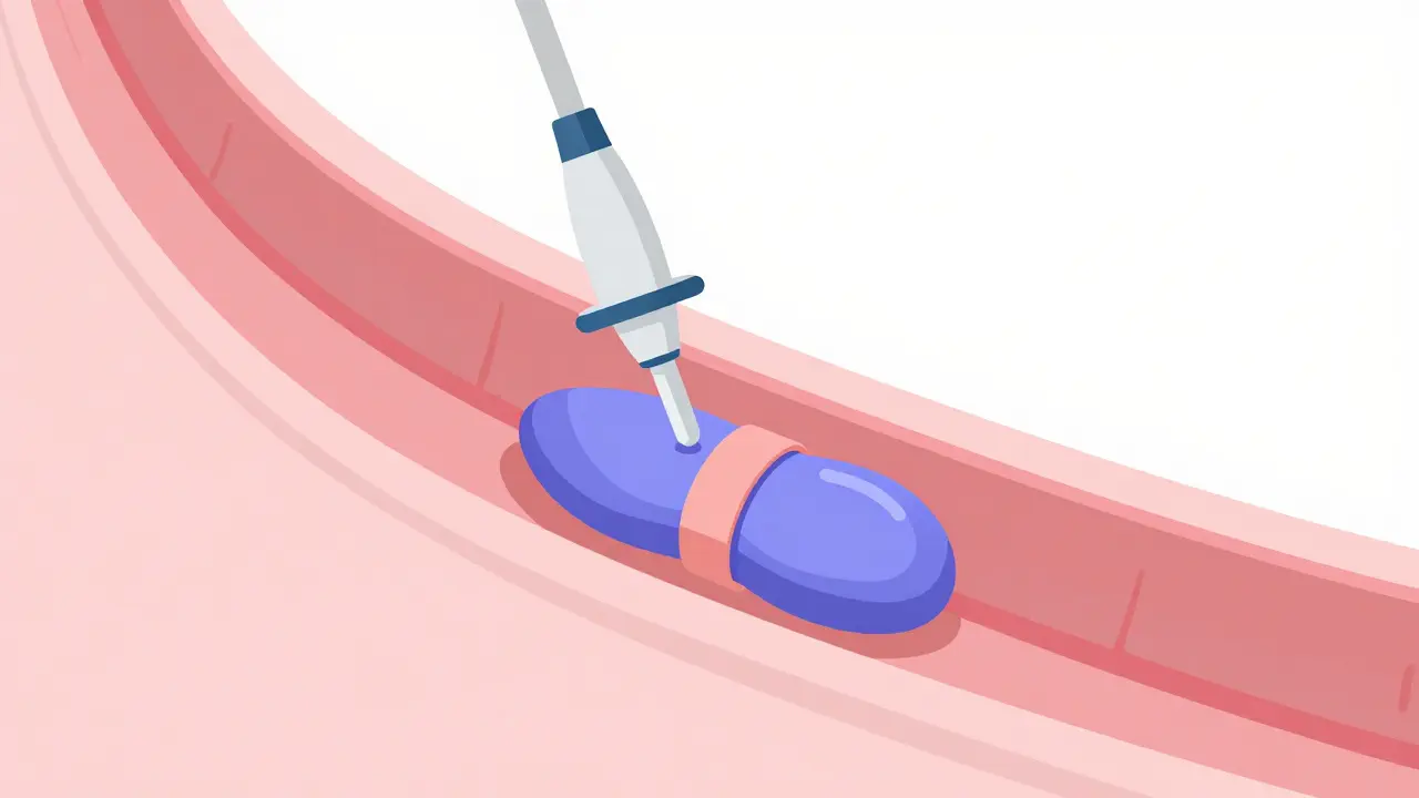 Cartoon illustration of an endoscopic band being placed around a swollen vein in the esophagus.