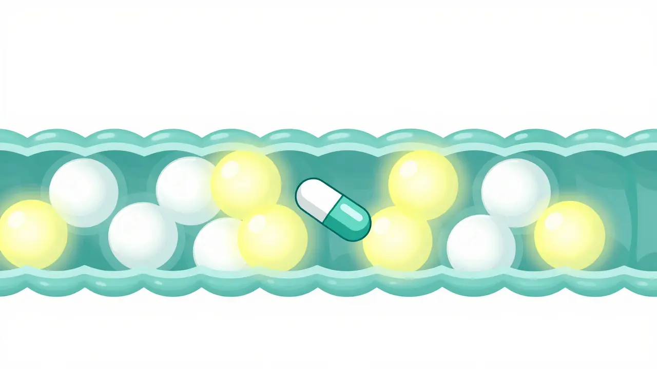 Conceptual drawing of calcium ions binding to a medication pill to block absorption.