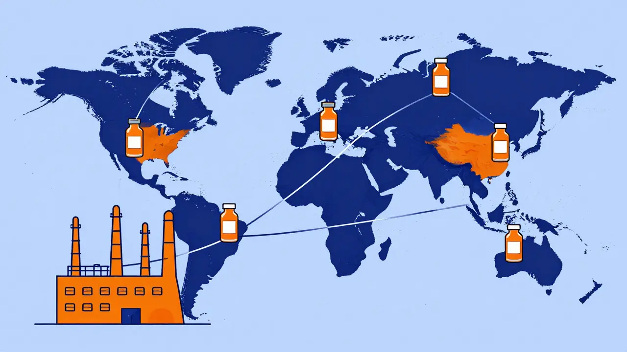 Conceptual map showing many medicine bottles relying on one single factory.