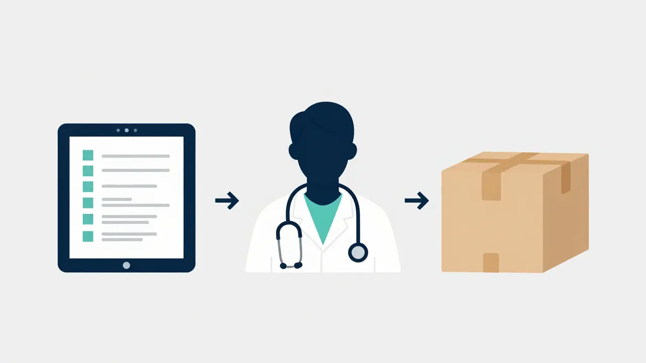 Icons representing the telehealth process from online consultation to discreet delivery.