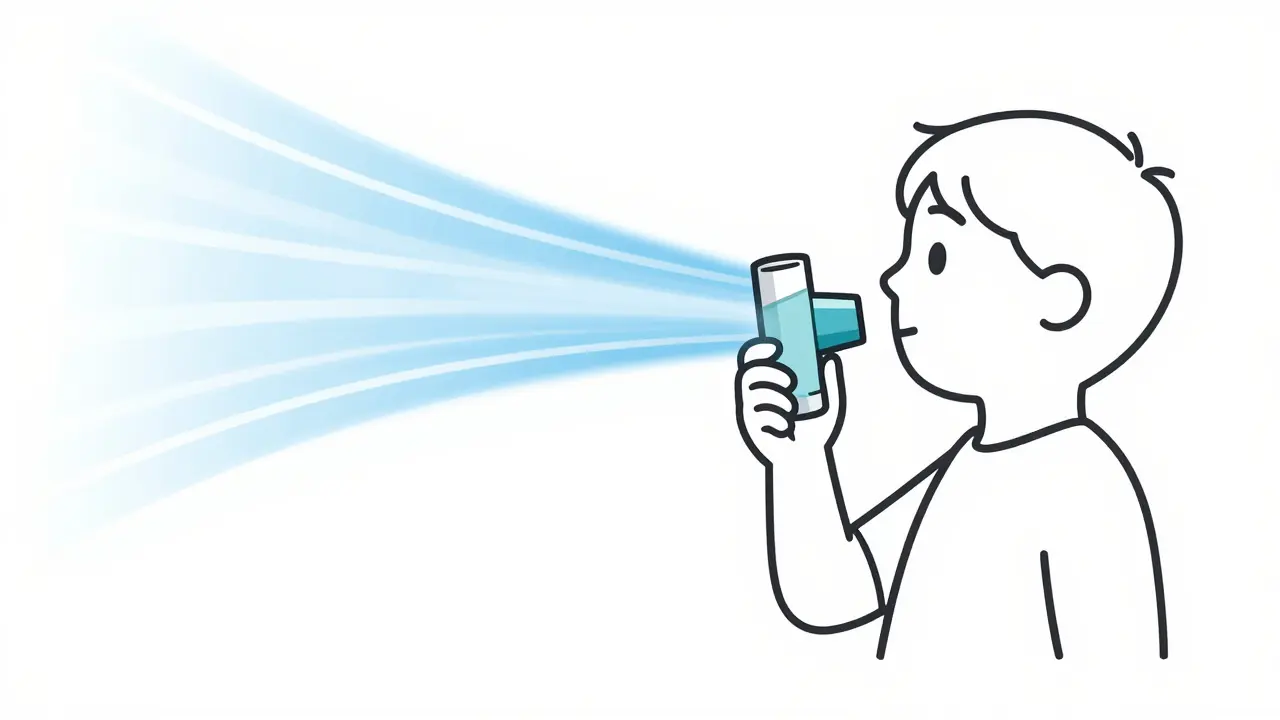 Illustration of a person using a dry powder inhaler with a deep, fast breath