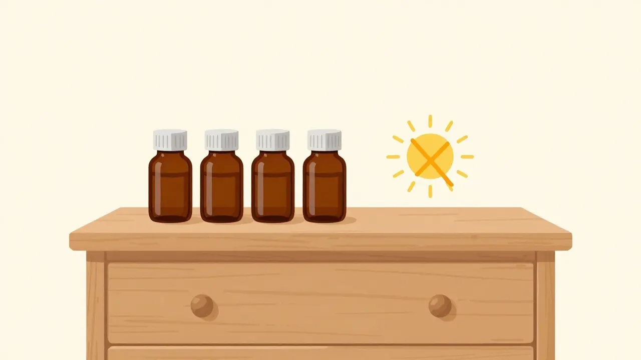 Medication bottles stored safely on a wooden dresser away from light
