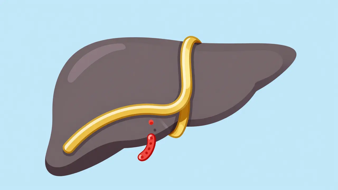 Minimalist drawing of a TIPS shunt creating a blood flow detour through a scarred liver.