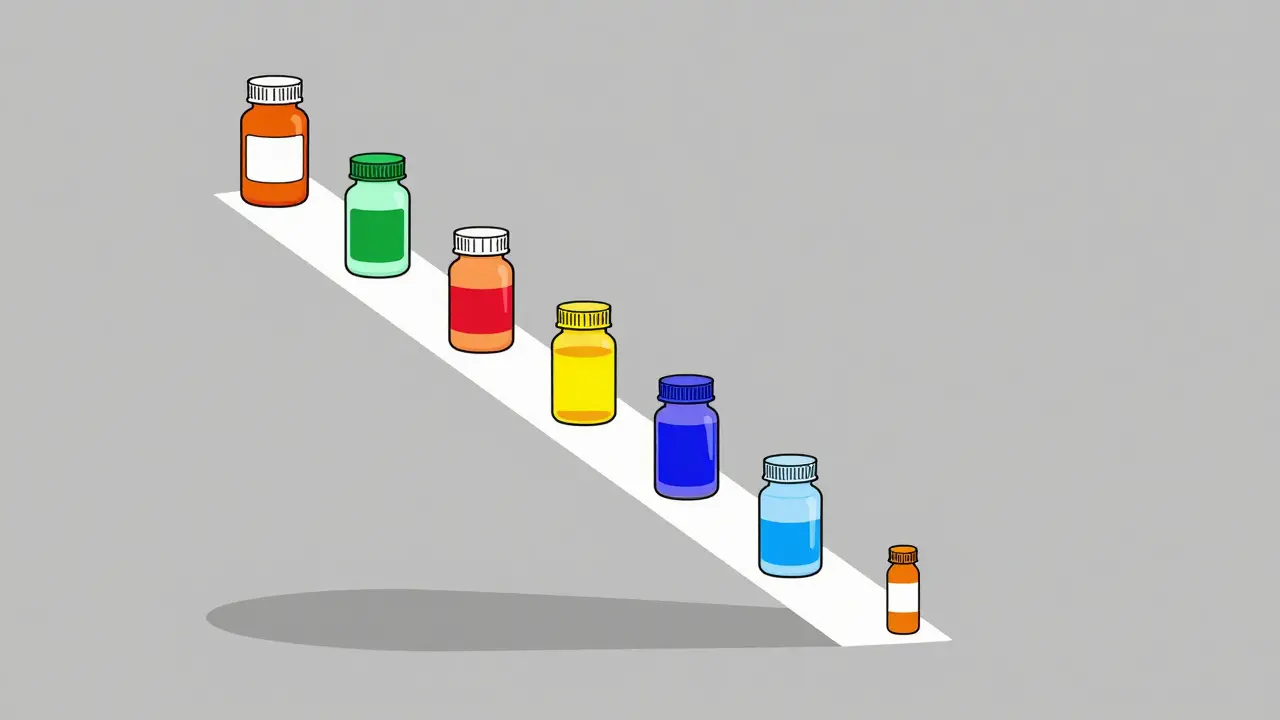 Minimalist illustration of pill bottles descending in a race to the bottom.