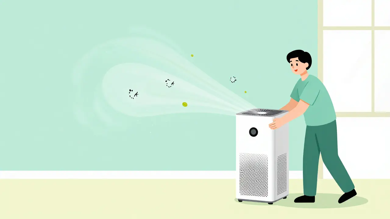 Person using a HEPA air purifier to remove dust and pollen triggers from a room