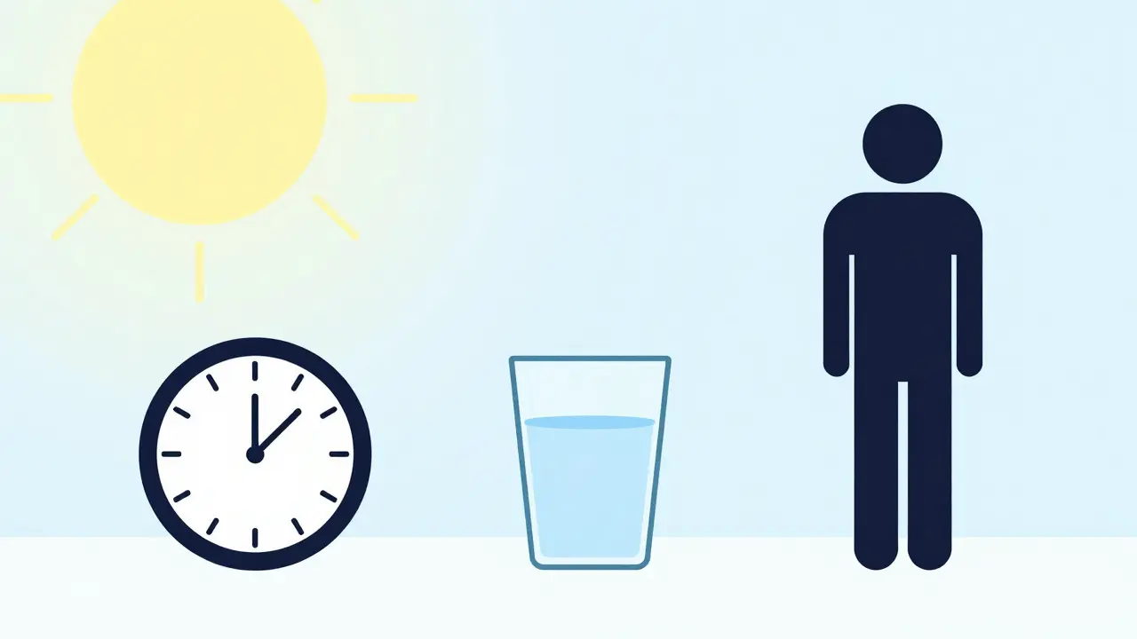 Sequence showing a clock, a glass of water, and a standing person for a morning routine.