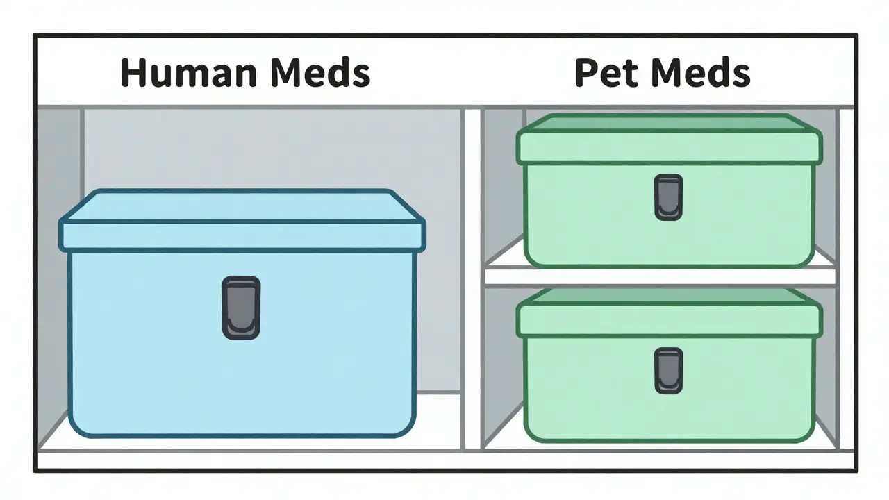 Split view of separate locked storage for human and pet medications.