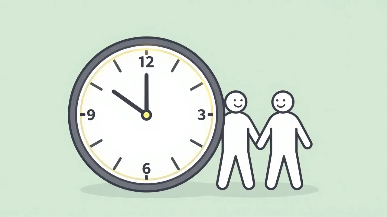 Stylized clock showing the 36-hour window of medication effect with a happy couple.
