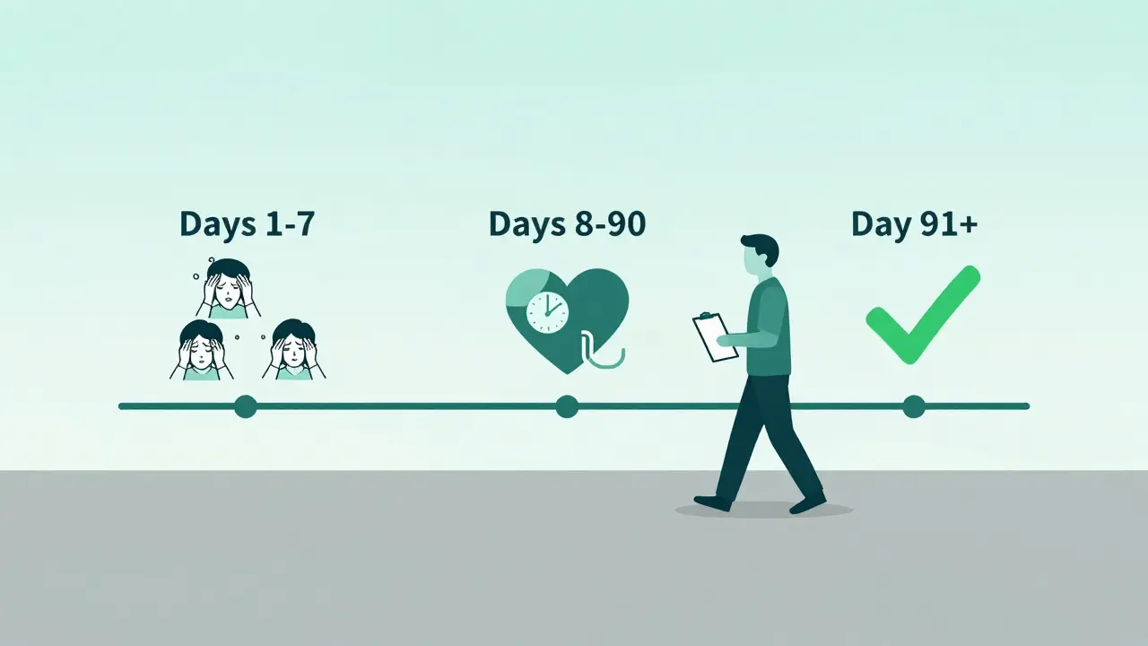 A minimalist timeline illustrating the 90-day monitoring phases for tracking medication effectiveness after switching.