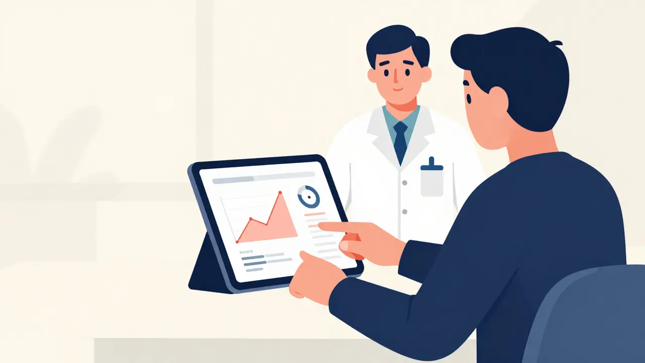 A patient using a digital health app to track symptoms, with a pharmacist providing support in a bright setting.