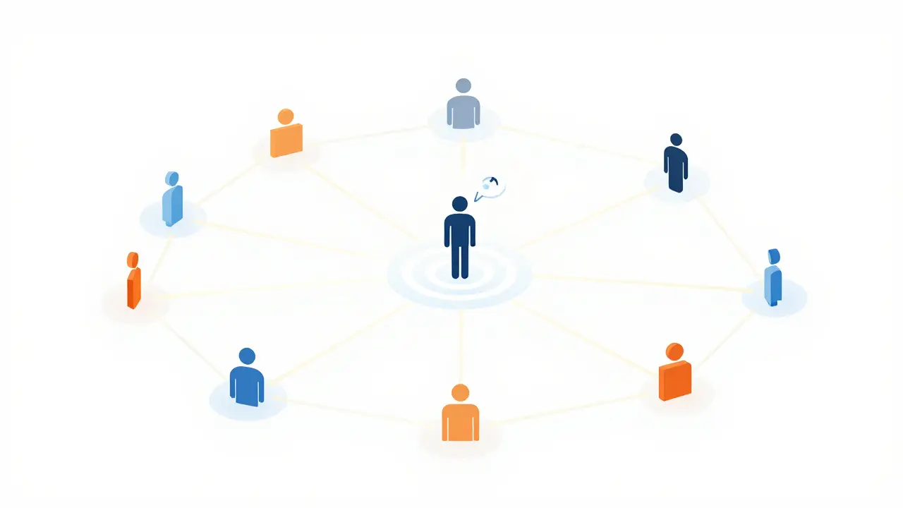 Abstract network of connected figures showing how individual reports ensure drug safety.