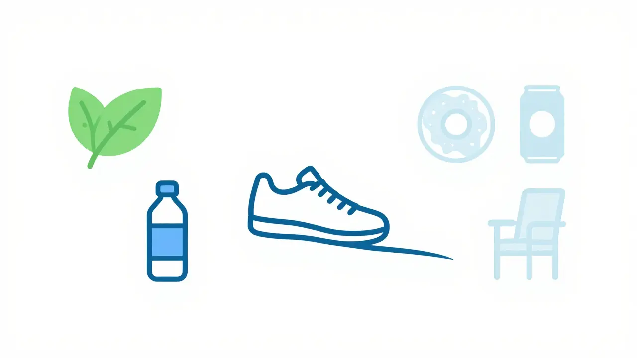 Balance scale showing healthy lifestyle choices outweighing dietary risks.