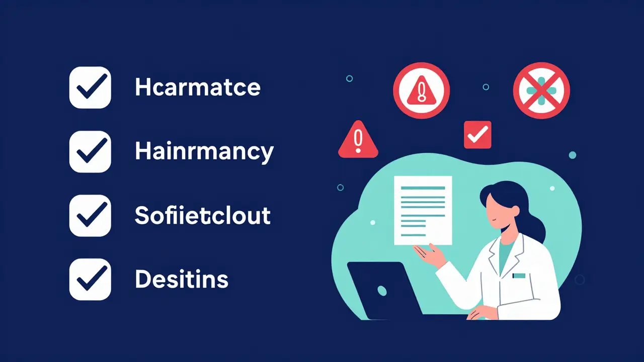 Checklist illustrating safe online pharmacy verification steps
