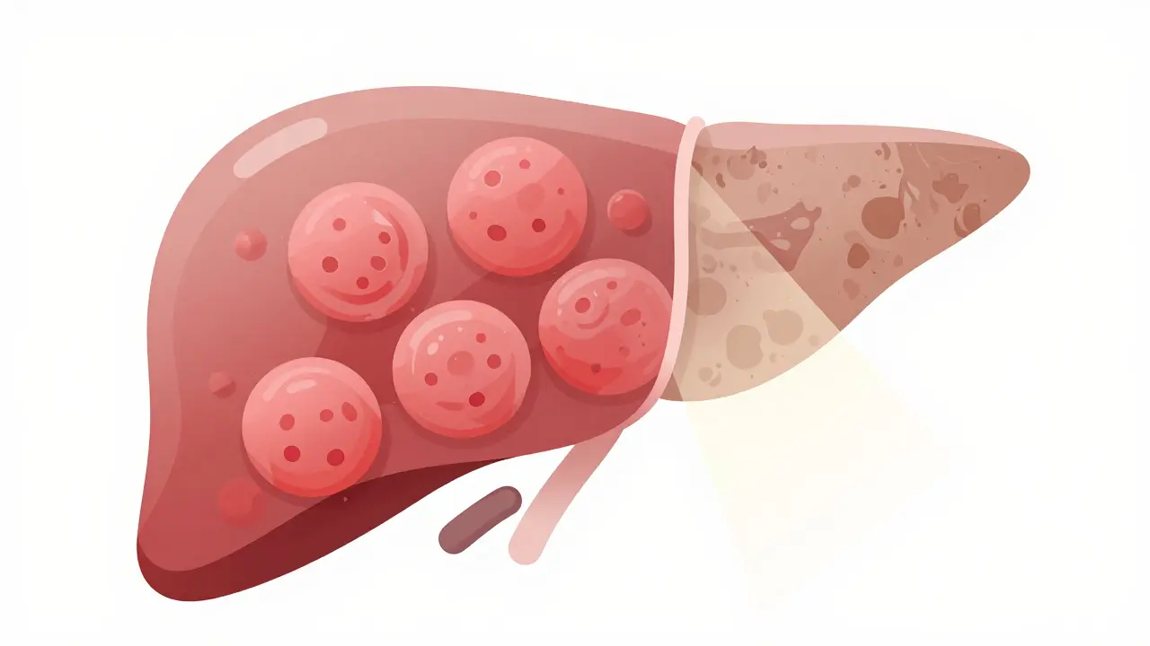 Conceptual art comparing healthy liver cells to scarred tissue from fibrosis.
