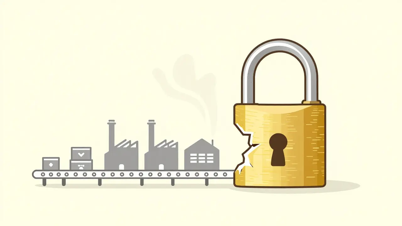 Conceptual art of patent lock breaking open to reveal generic factories
