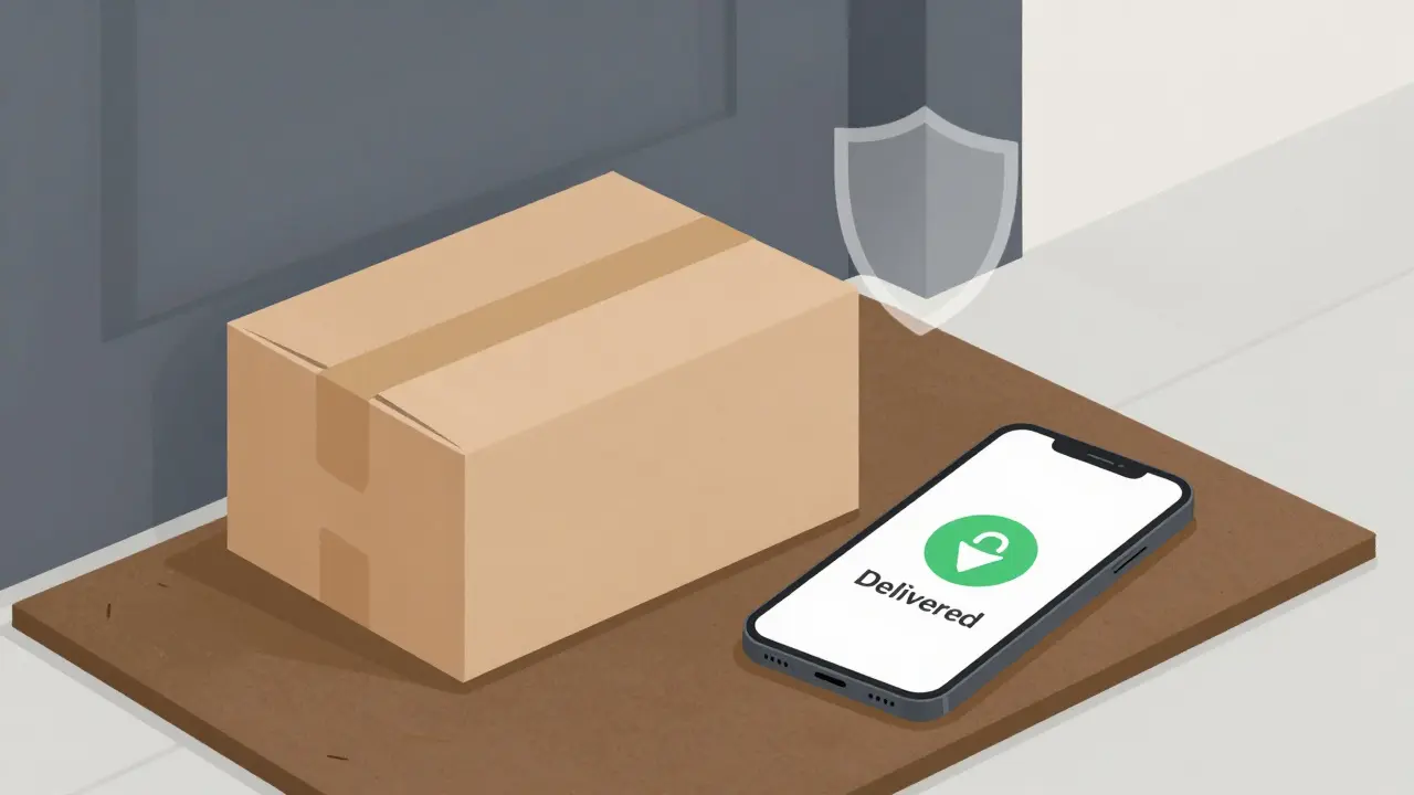 Discreet medication package on doorstep with safety shield icon