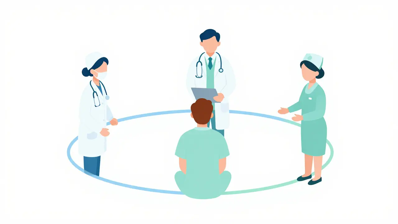 Doctors and pharmacist connected by light lines collaborating for patient care