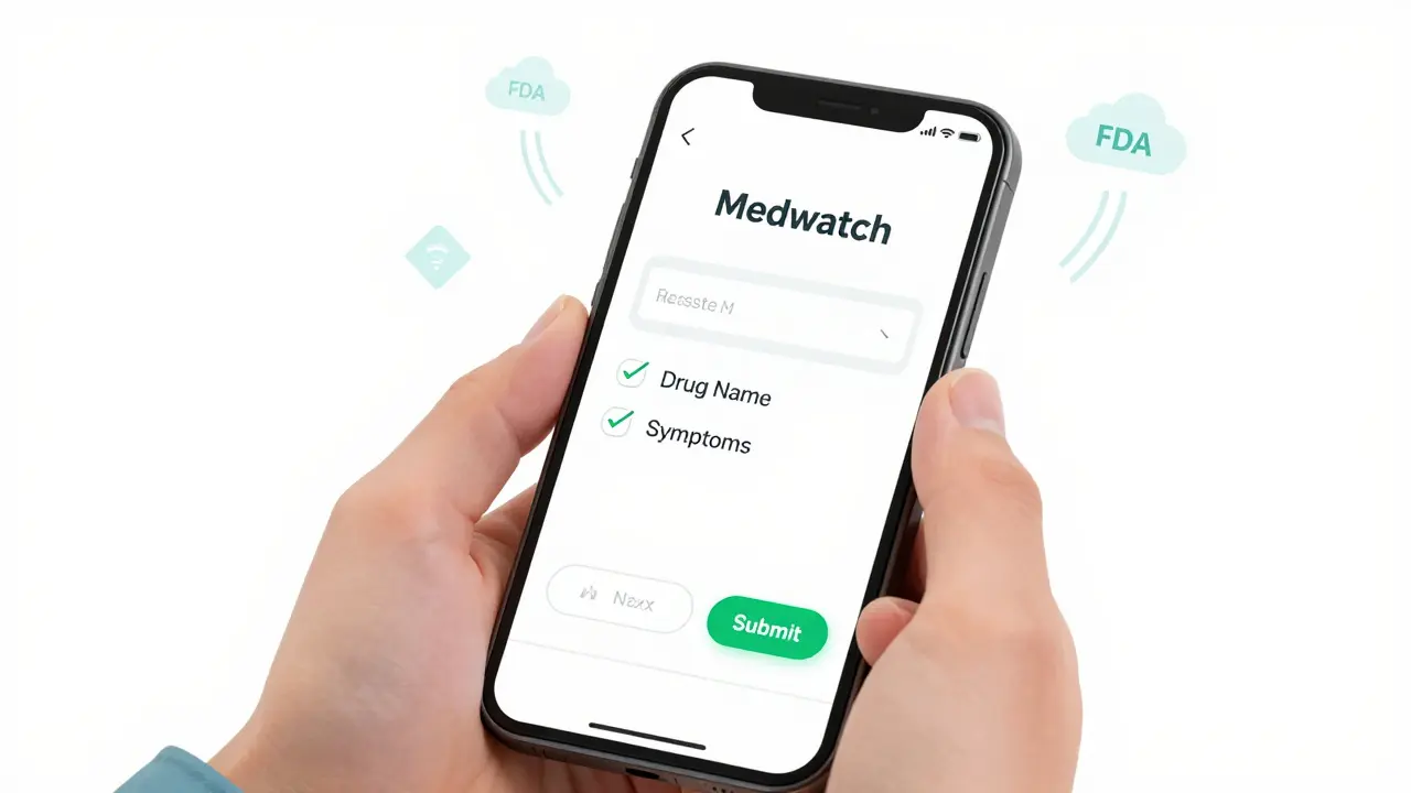 Hand using a smartphone to submit a medication side effect report online.