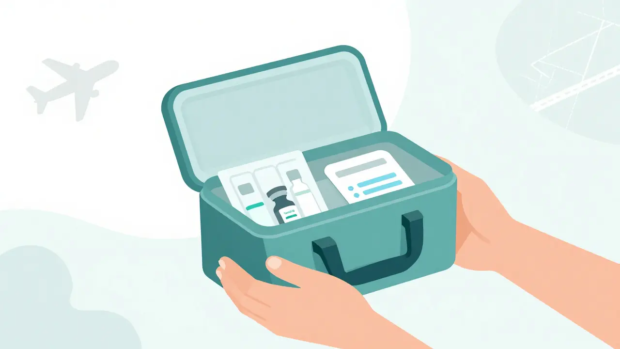 Hands holding insulated travel case with insulin and cooling packs