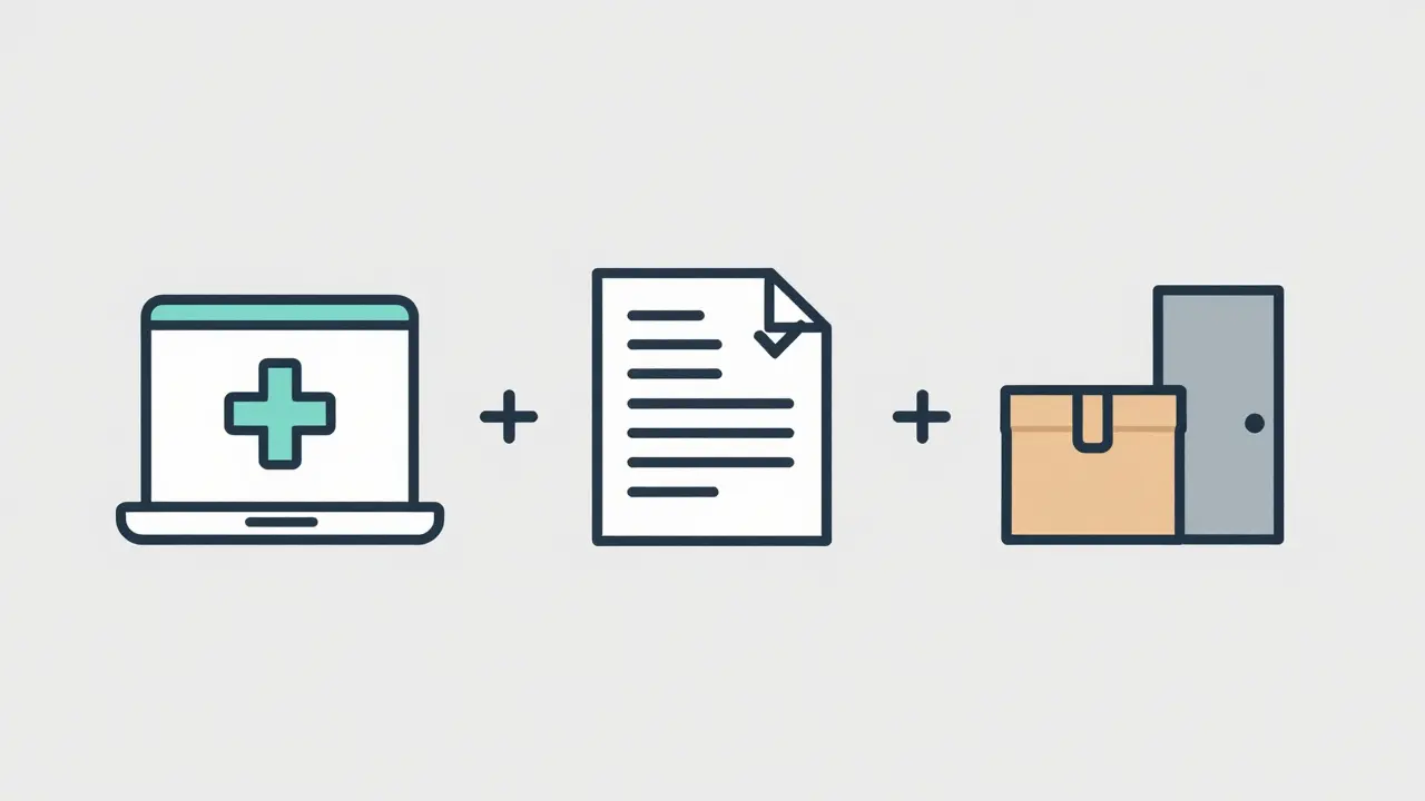 Icons illustrating the steps from virtual visit to home medication delivery.