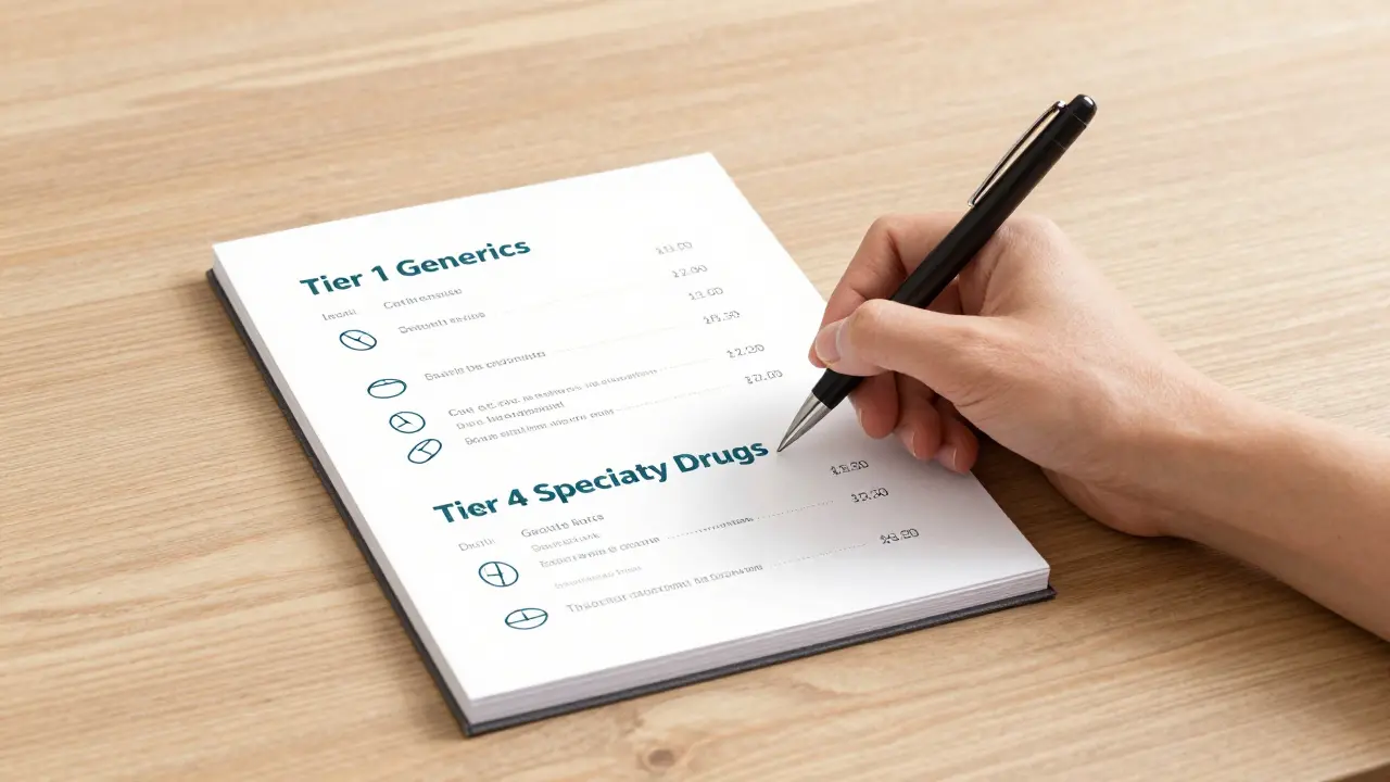 Insurance formulary depicted as a tiered medication menu