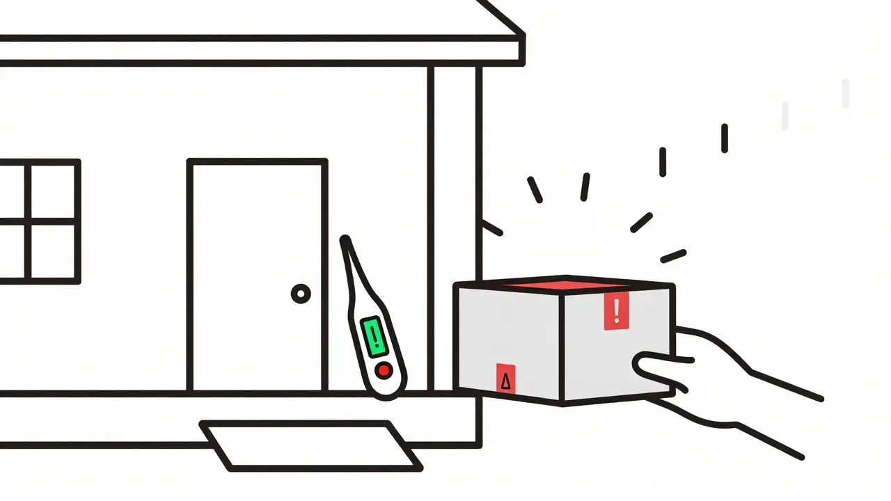 Package on porch with thermometer warning about heat damage