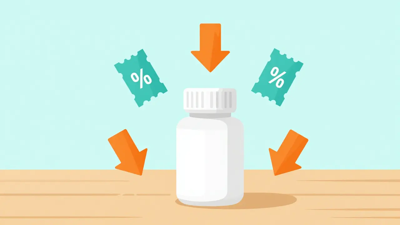 Pill bottle with discount symbols illustrating affordable medication costs