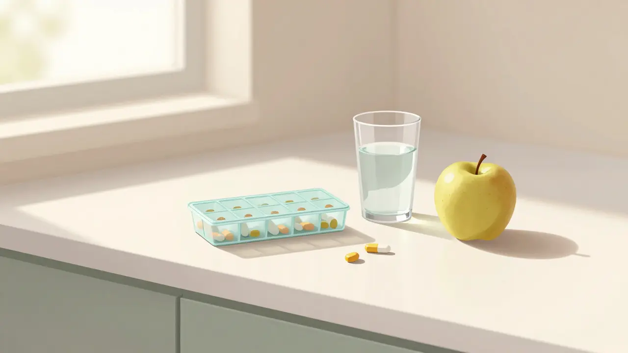 Pill organizer and water on a kitchen counter representing daily medication routine