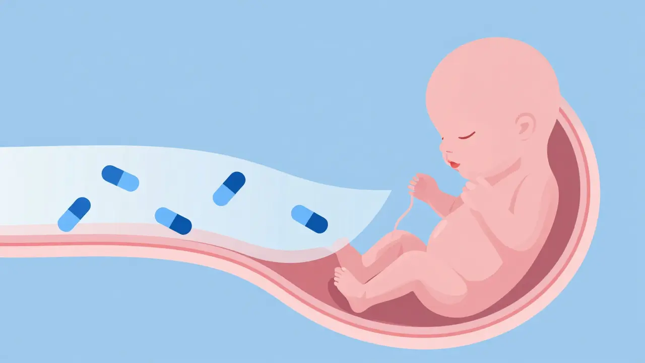 Abstract molecules crossing placenta to fetus