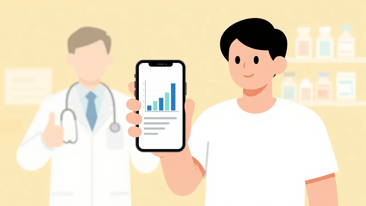 Confident patient checking drug prices on smartphone