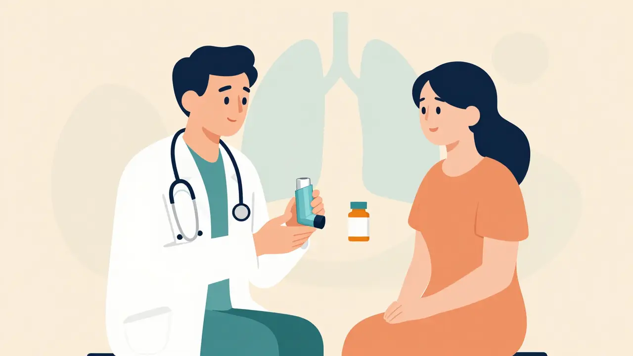 Doctor discussing inhalers and generic pills with patient