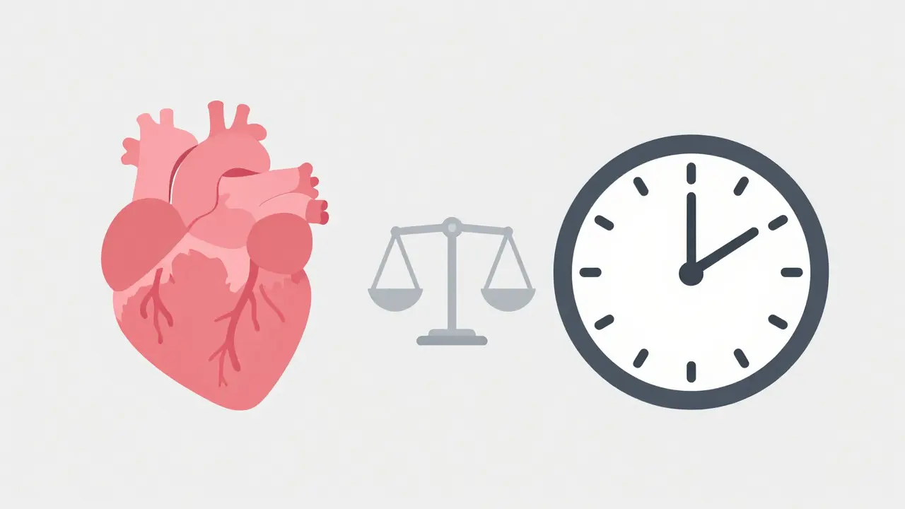 Heart icon, clock, and balance scale metaphor