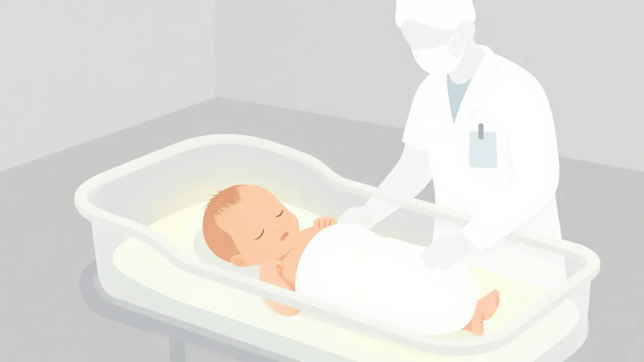 Newborn in bassinet with medical supervision