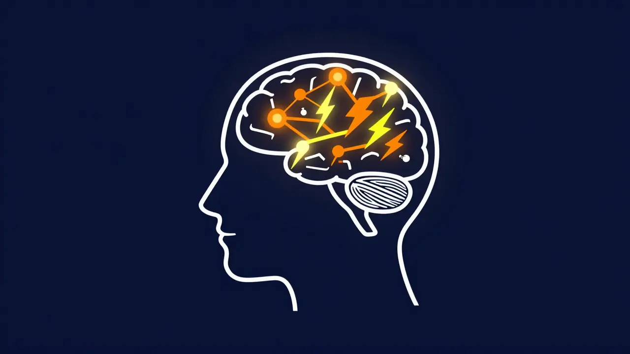 Stylized head showing rapid neural connections symbolizing fast-acting antidepressants