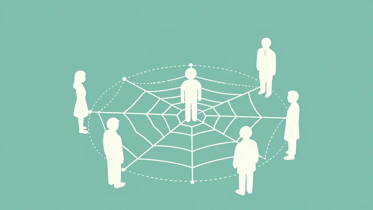 Support network web connecting teen with parents, doctors, and counselors