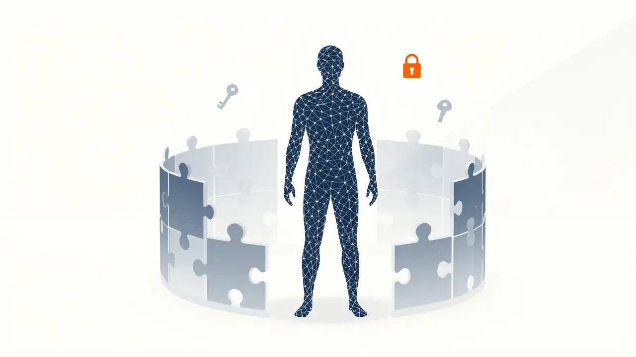 Abstract figure surrounded by security shields symbolizing data privacy protection