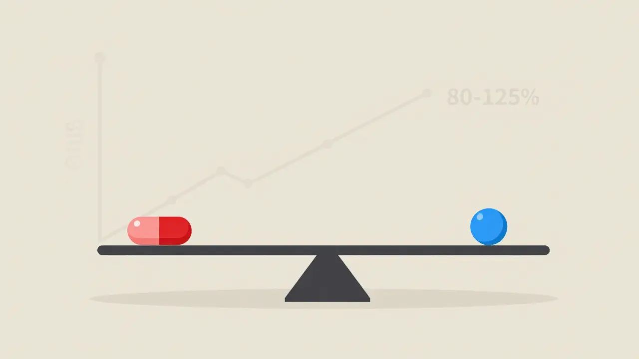 Balanced scale showing equivalent brand and generic pills within limits