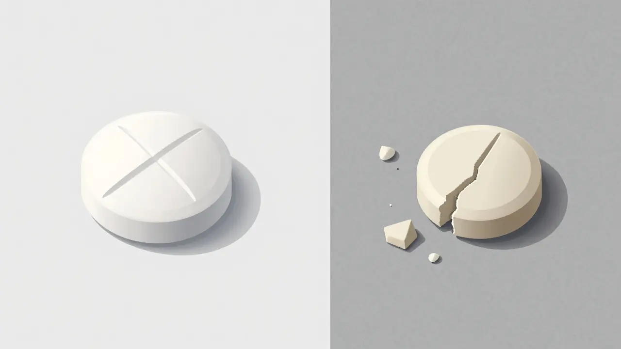 Comparison of smooth legitimate pill vs cracked fake pill