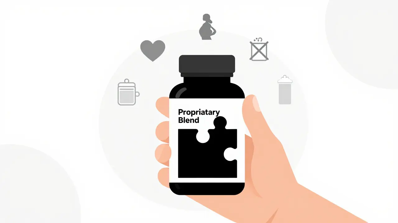 Conceptual art showing hidden ingredients and missing warnings on a supplement bottle.
