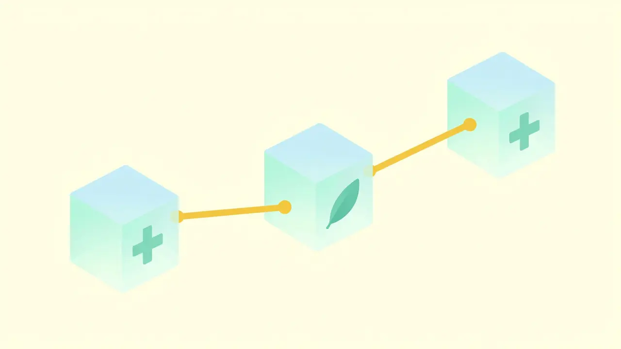 Connected transparent cubes forming a chain, representing blockchain drug security.