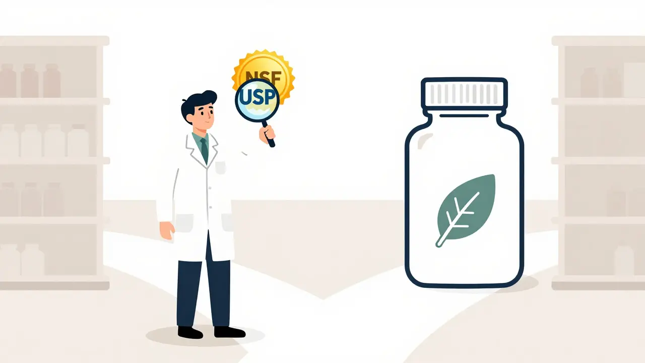 Consumer choosing verified supplements with third-party seals over vague natural claims.