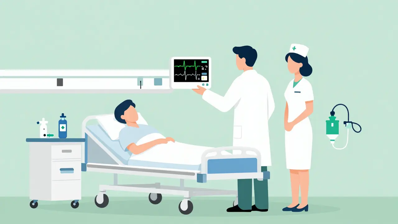 Doctor and nurse monitoring patient during safe drug desensitization in hospital