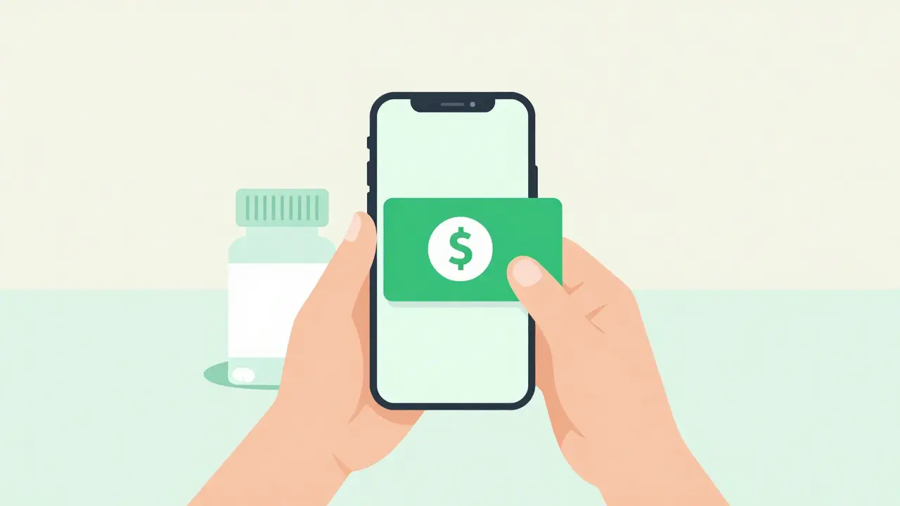 Hand holding phone with discount coupon next to pill bottle