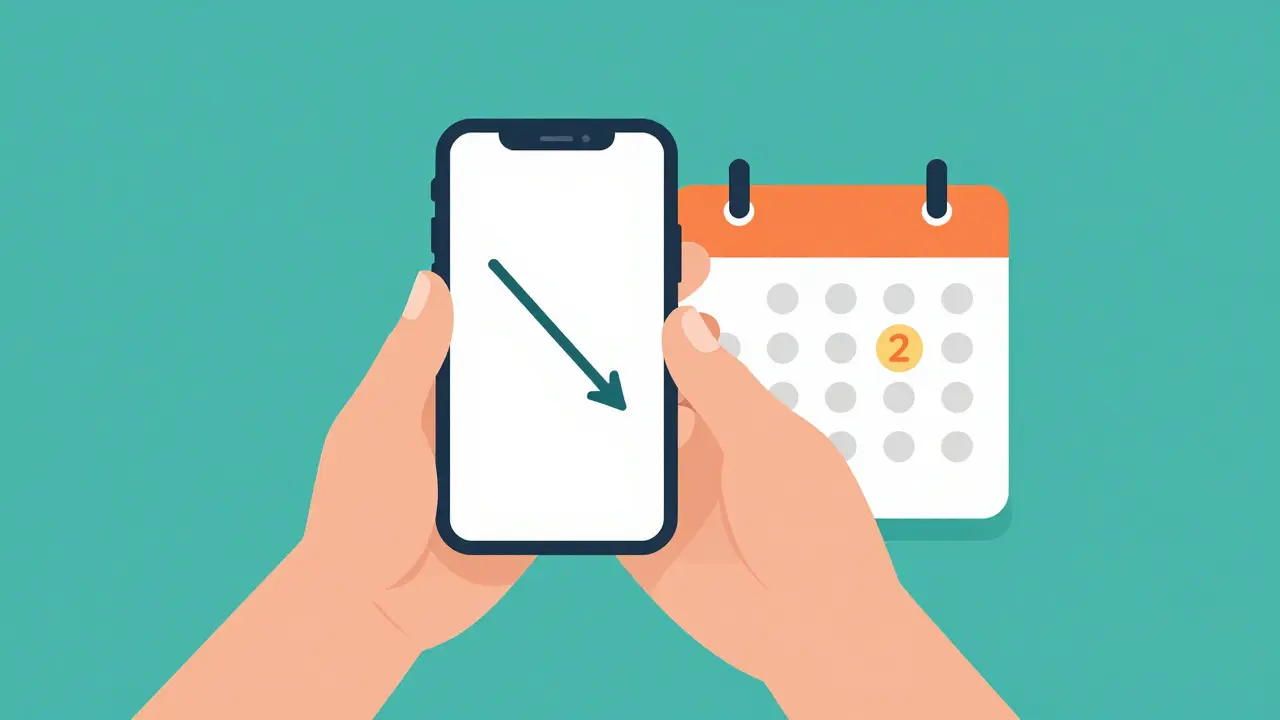 Hand holding phone with price drop icon and future calendar date