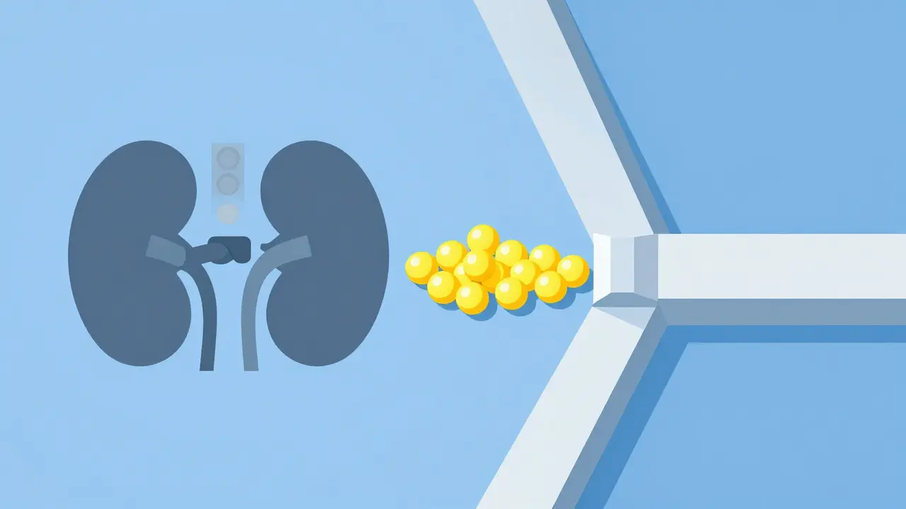 Kidney diagram showing blocked pathways leading to potassium accumulation