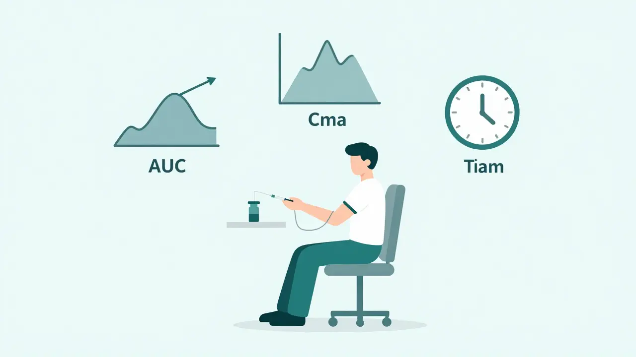 Minimalist art of a clinical trial volunteer with floating metric icons