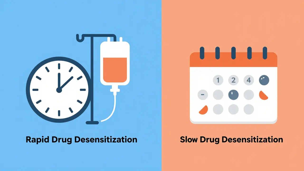 Minimalist graphic comparing rapid IV vs slow oral drug desensitization timelines